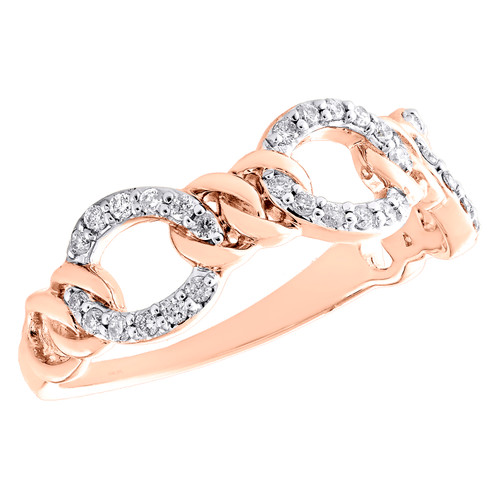 10K Rose Gold Diamond Oval & Round Cuban Link Women's Stackable Ring 0.20 Ct.