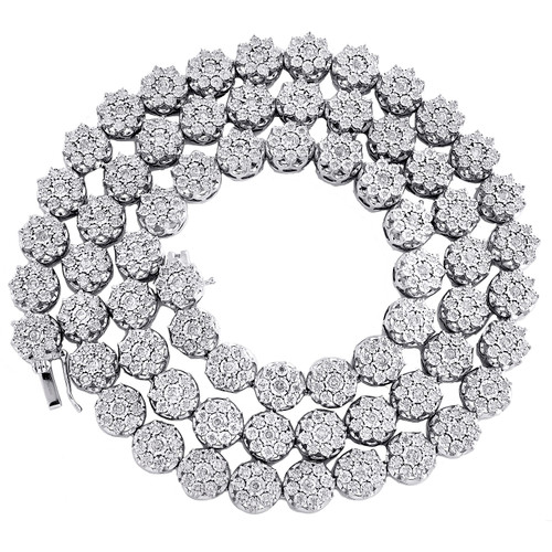 Véritable grappe de fleurs en diamant, chaîne à maillons de 8 mm, collier en argent sterling de 22 po, 3 ct.