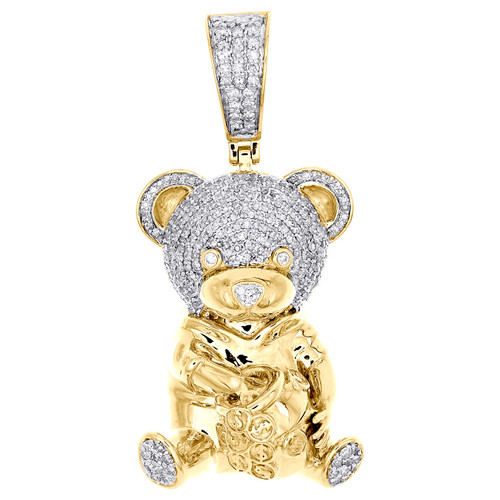 Pendentif de sac d'argent en forme d'ours en peluche en or jaune 10 carats avec véritable diamant, breloque de 1,75 pouces, 1 ct.