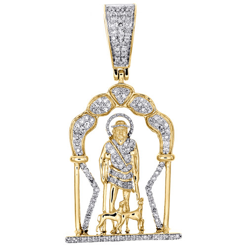 Ciondolo religioso San Lazaro in oro giallo 10k con diamanti genuini, ciondolo da 1,75 pollici, 3/4 ct.