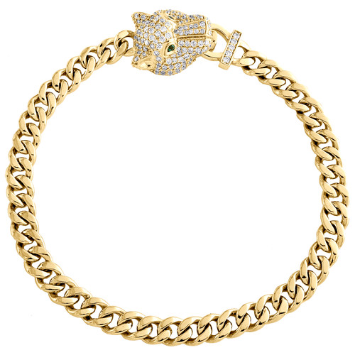 Bracelet cubain miami en or jaune 14 carats avec diamant et tête de panthère émeraude 5 mm 1,20 ct.