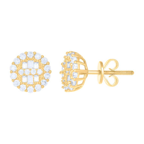 Aretes circulares de moissanita redondos y baguette de oro amarillo de 10 k de 9 mm, 3/4 ct