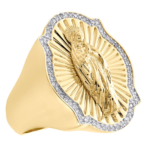 10K Yellow Gold Round Diamond 25mm Virgin Mother Mary Pinky Ring Band 1/4 CT.