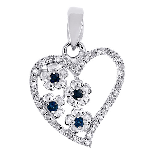 10K White Gold Blue Sapphire Round Diamond Love Heart Pendant 0.65" Charm 1/8 CT