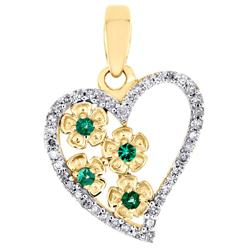 10K Yellow Gold Green Emerald Round Diamond Heart Pendant 0.65" Charm 1/8 CT.