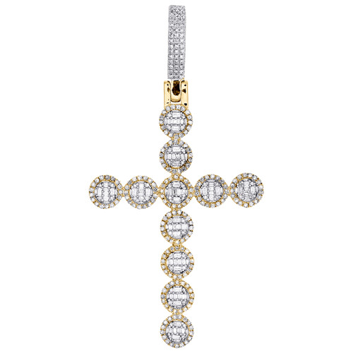 10K Yellow Gold Round & Baguette Diamond Cluster Cross Pendant 2.5" Charm 1 CT.