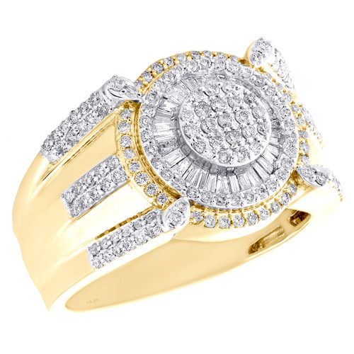 10K Yellow Gold Round & Baguette Diamond Statement Pinky Ring 15mm Band 1.05 CT.