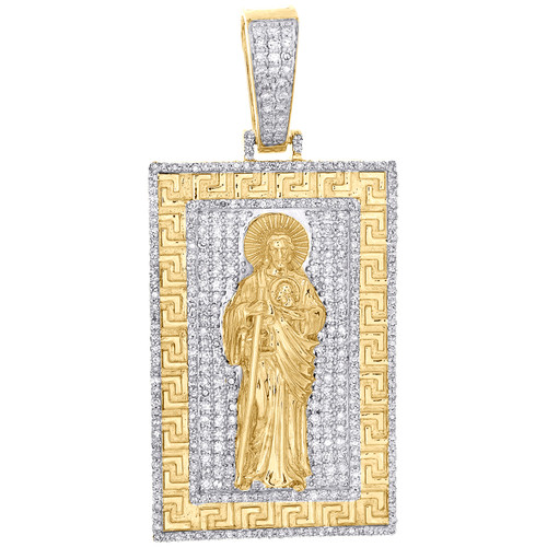 10K Yellow Gold Real Diamond Men's Greek Key St. Jude Medallion Pendant 1.50 CT
