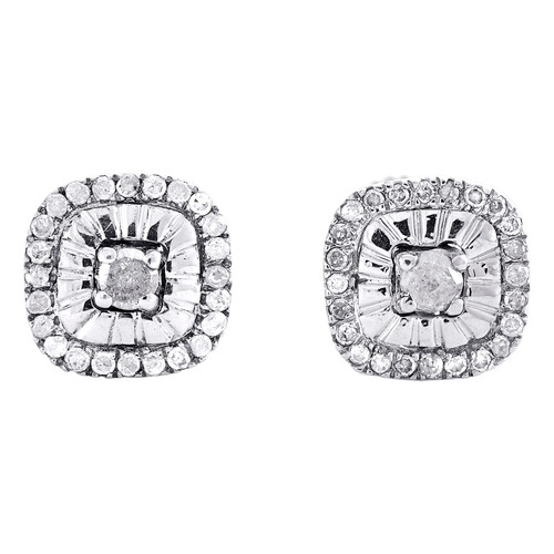 925 Sterling Silver Real Diamond Unisex 7mm Faceted Square Stud Earrings 1/5 CT