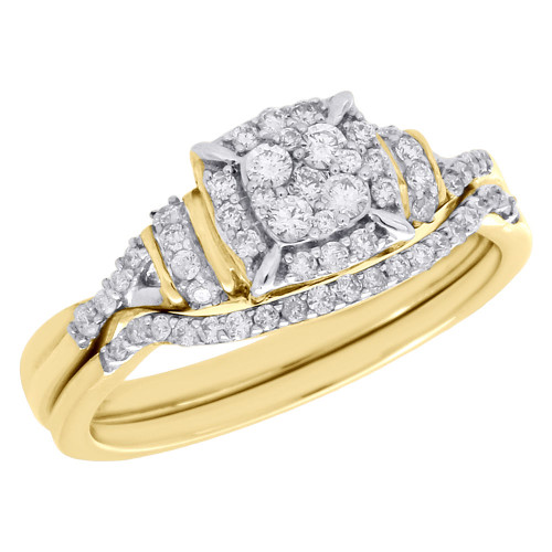 10-Karat-Gelbgold-Diamant-Braut-Set, quadratischer Halo-Blumen-Verlobungsring, 0,44 ct.