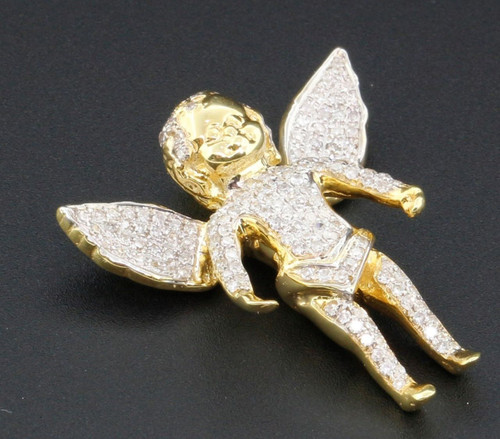 Mini Angel Diamond Pendant 10K Yellow Gold Fully Iced Out Wings Charm 0.75 Ct.