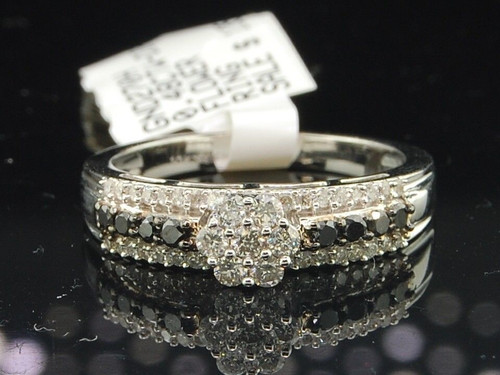 Black Diamond Flower Engagement Ring 14K White Gold Round Cut 0.48 Ct