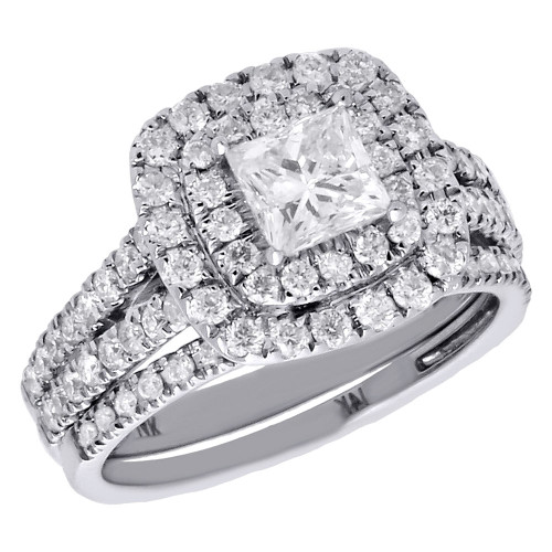 14K White Gold Solitaire Princess Diamond Split Shank Engagement Bridal Set 2 Ct