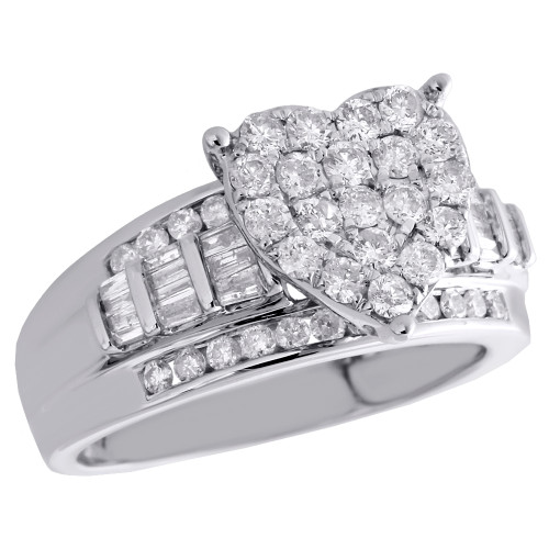10K White Gold Round & Baguette Diamond Heart Cluster Engagement Ring 1 CT.