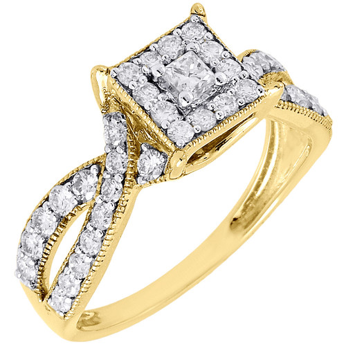 Bague de fiançailles de mariage en diamant 14 carats en or jaune solitaire princesse halo 0,73 tcw