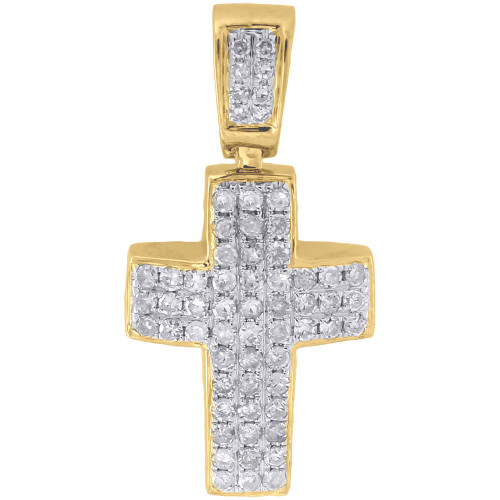 Diamond Mini Domed Cross Pendant 10K Yellow Gold Solid Walls Pave Charm 0.39 Ct.