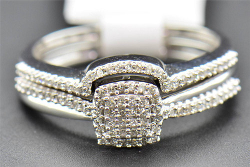 Diamond Bridal Set Round Cut Pave Square Engagement Ring 10K White Gold 0.25 Ct