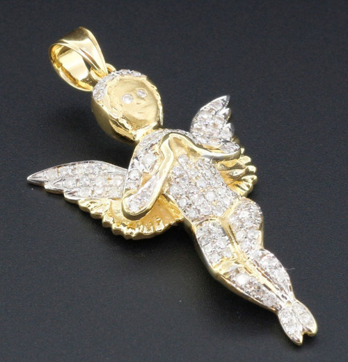 Angel Diamond Pendant 10K Yellow Gold 1 Ct. Fully Iced Out Wings Charm 1.86 Inch