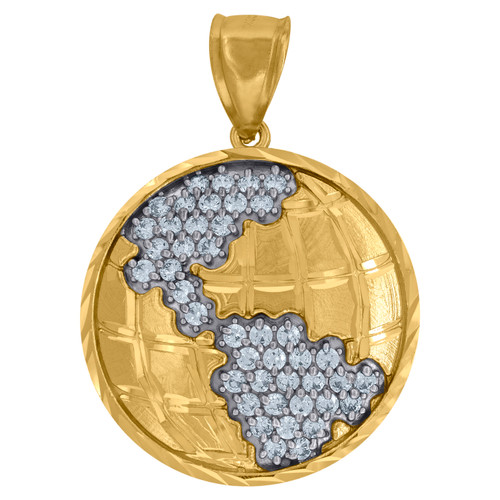 10K Two Tone Gold Round CZ Men's 1.65" Diamond Cut Charm World Map Globe Pendant