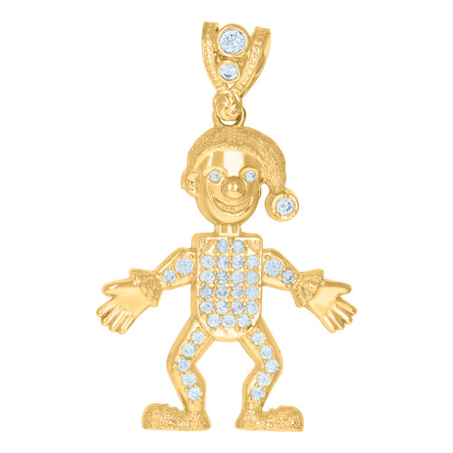 10K Yellow Gold CZ Men's 1.85" Textured Smiling Joker Charm Royal Jester Pendant