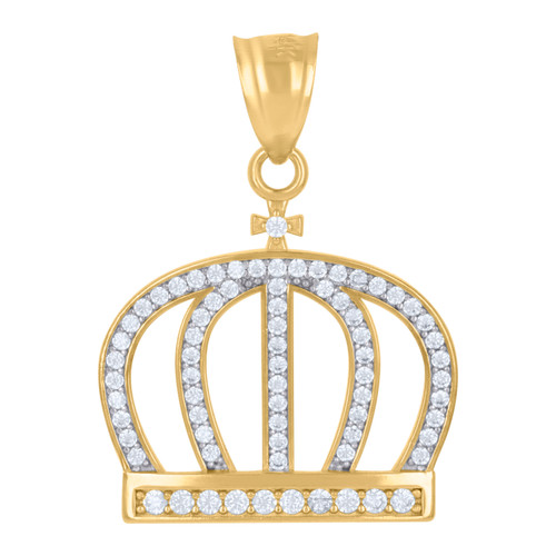 14K Two Tone Gold Round CZ Men's 1.15" Royal Charm Iced Out King's Crown Pendant