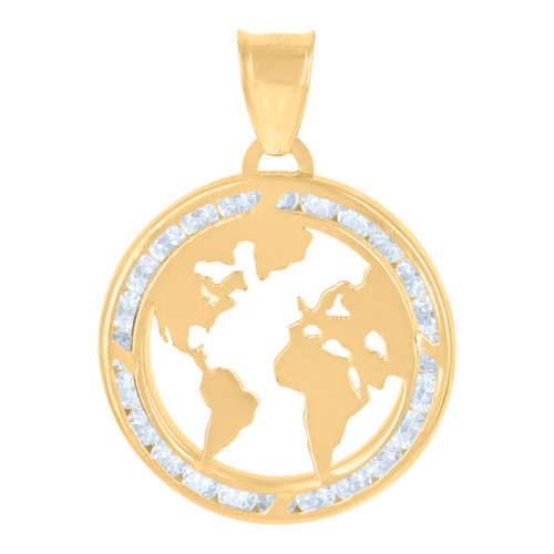 10K Yellow Gold Round Cut CZ Unisex 1" Cut Out Medallion World Map Globe Pendant