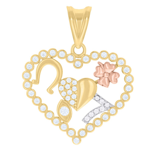 10K Tri-Color Gold CZ Luck Heart w/ Horseshoe Evil Eye Lucky 7 & Clover Pendant