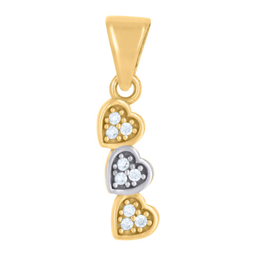 10K Two Tone Gold Round CZ Women's 0.75" Small Love Charm Triple Heart Pendant