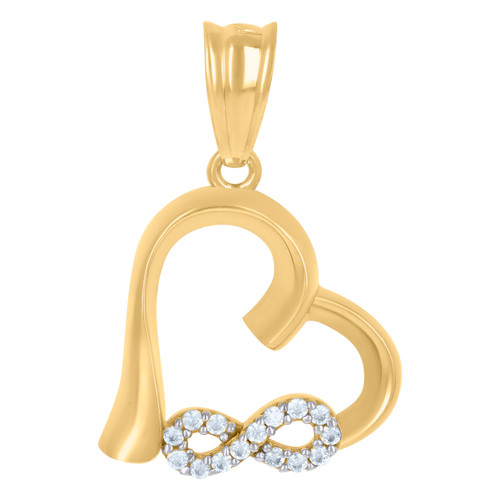 10K Yellow Gold CZ Women's 1" Open Love Charm Slanted Heart w/ Infinity Pendant