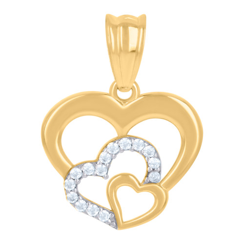 10K Two Tone Gold CZ Women's 0.75" Open Charm Interlocked Triple Heart Pendant