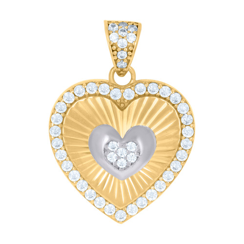 10K Two Tone Gold Round CZ Women's 1" Facet Charm Heart in Heart Frame Pendant