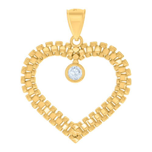 10K Yellow Gold Solitaire Round CZ Womens 1.50" Charm Jubilee Link Heart Pendant