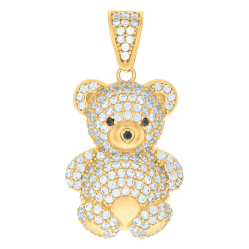 10K Yellow Gold Black Round CZ Unisex 1.25" Ice Out Toy Charm Teddy Bear Pendant