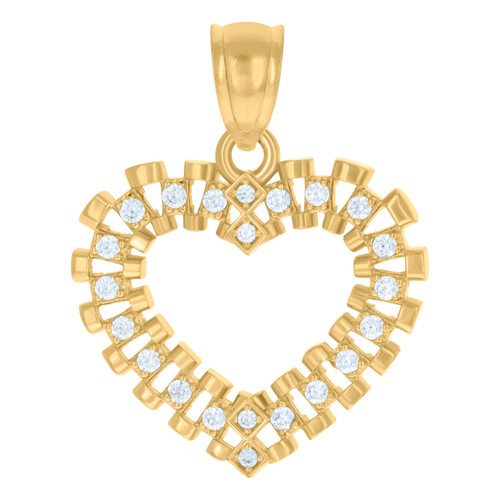 10K Yellow Gold Round CZ Women's 1" Open Charm Jubilee Link Heart Frame Pendant