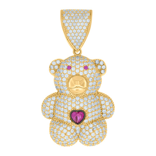 10K Yellow Gold Pink CZ Unisex Iced Out Heart Toy Charm Short Teddy Bear Pendant