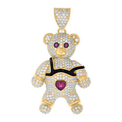 10K Yellow Gold Pink CZ Unisex Iced Out Domed Toy Charm Teddy Bear Heart Pendant