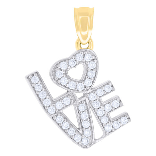 10K Two Tone Gold Round CZ Womens 0.75" Cluster Slanted Charm Heart LOVE Pendant