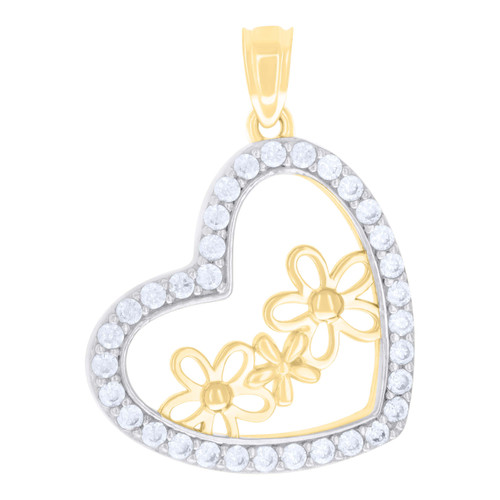10K Two Tone Gold Round CZ Women's 1" Open Charm Heart Frame w/ Flowers Pendant