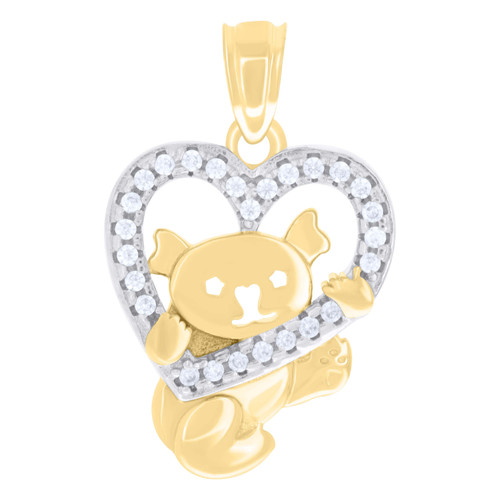 10K Two Tone Gold Round CZ Women's 0.75" Charm Koala Bear Holding Heart Pendant