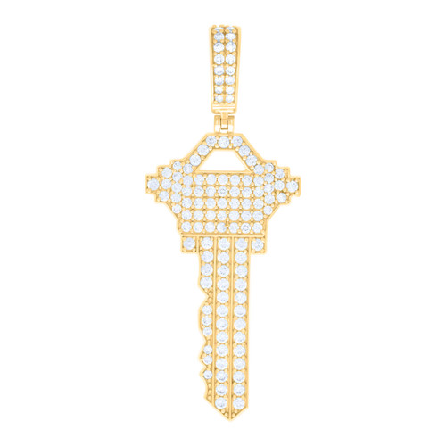 10K Yellow Gold Round CZ Unisex 1.95" Iced Charm Lock & Key to My Heart Pendant