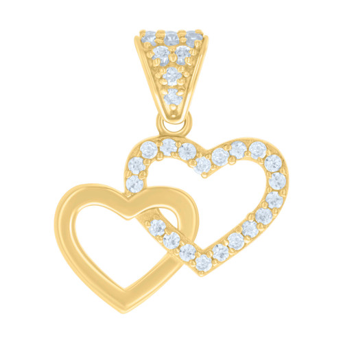 10K Yellow Gold CZ Women's 0.85" Cut Out Charm Interlocked Double Heart Pendant