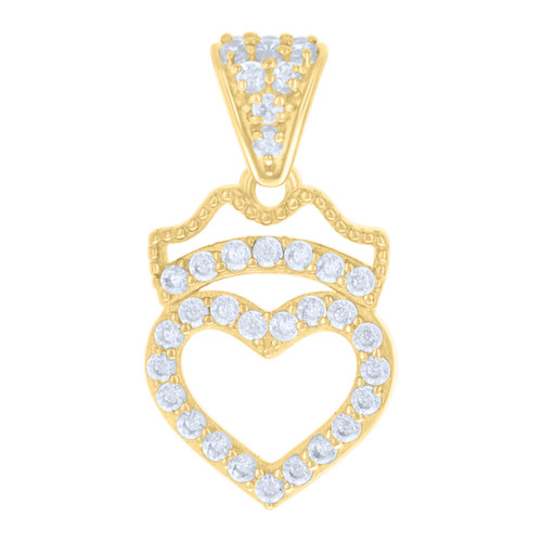 10K Yellow Gold Round CZ Women's 0.85" Love Charm Open Heart w/ Crown Pendant