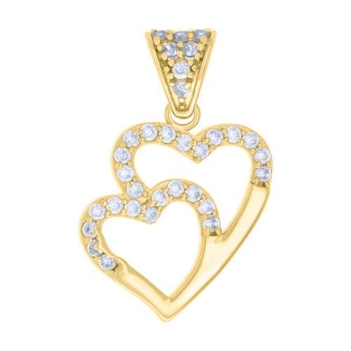 10K Yellow Gold Round CZ Women's 0.85" Love Charm Combined Double Heart Pendant