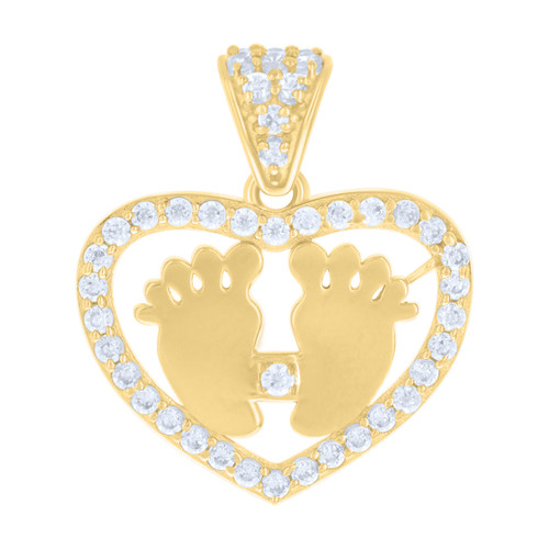 10K Yellow Gold Round CZ Women's 0.85" Frame Charm Footprint in Heart Pendant