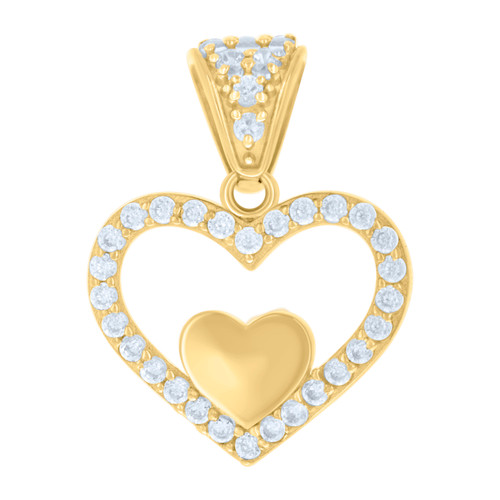 10K Yellow Gold Round CZ Women's 0.75" Cut Out Charm Double Heart Frame Pendant