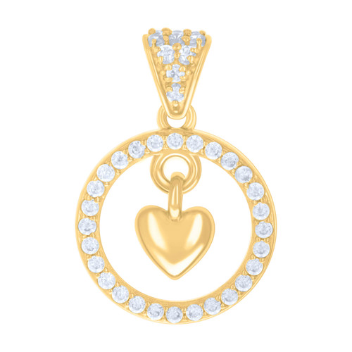 10K Yellow Gold Round CZ Women's 0.95" Dangle Love Charm Heart in Circle Pendant