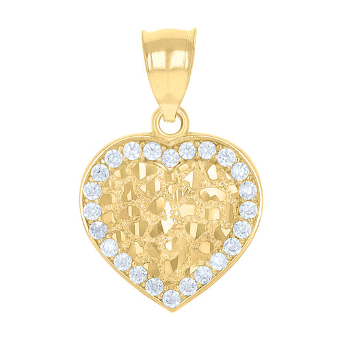 10K Yellow Gold Round CZ Women's 0.95" Halo Small Charm Nugget Heart Pendant