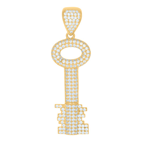 10K Yellow Gold CZ Unisex 1.85" Iced Out Dome Charm Circle Lock & Key Pendant