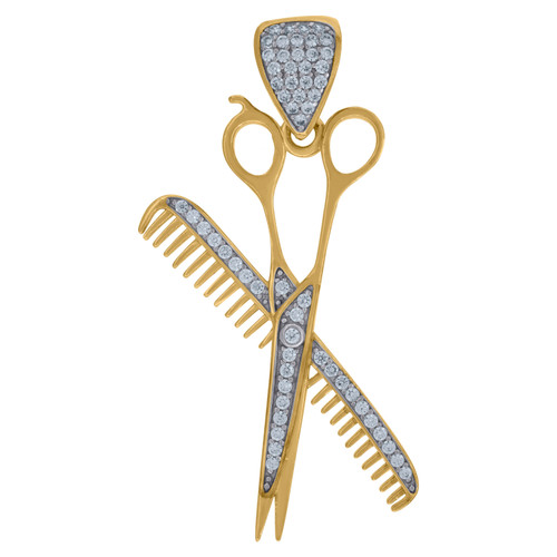 10K Two Tone Gold Round CZ Men's 1.75" Barber Shop Charm Scissors & Comb Pendant