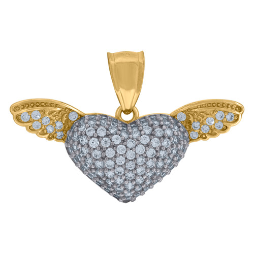 10K Two Tone Gold Round CZ Womens 0.85" Love Charm Flying Heart w/ Wings Pendant